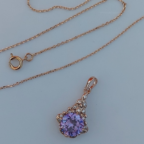 Amethyst Pendant Necklace Decorated With CZ, 23 in - Picture 7 of 7